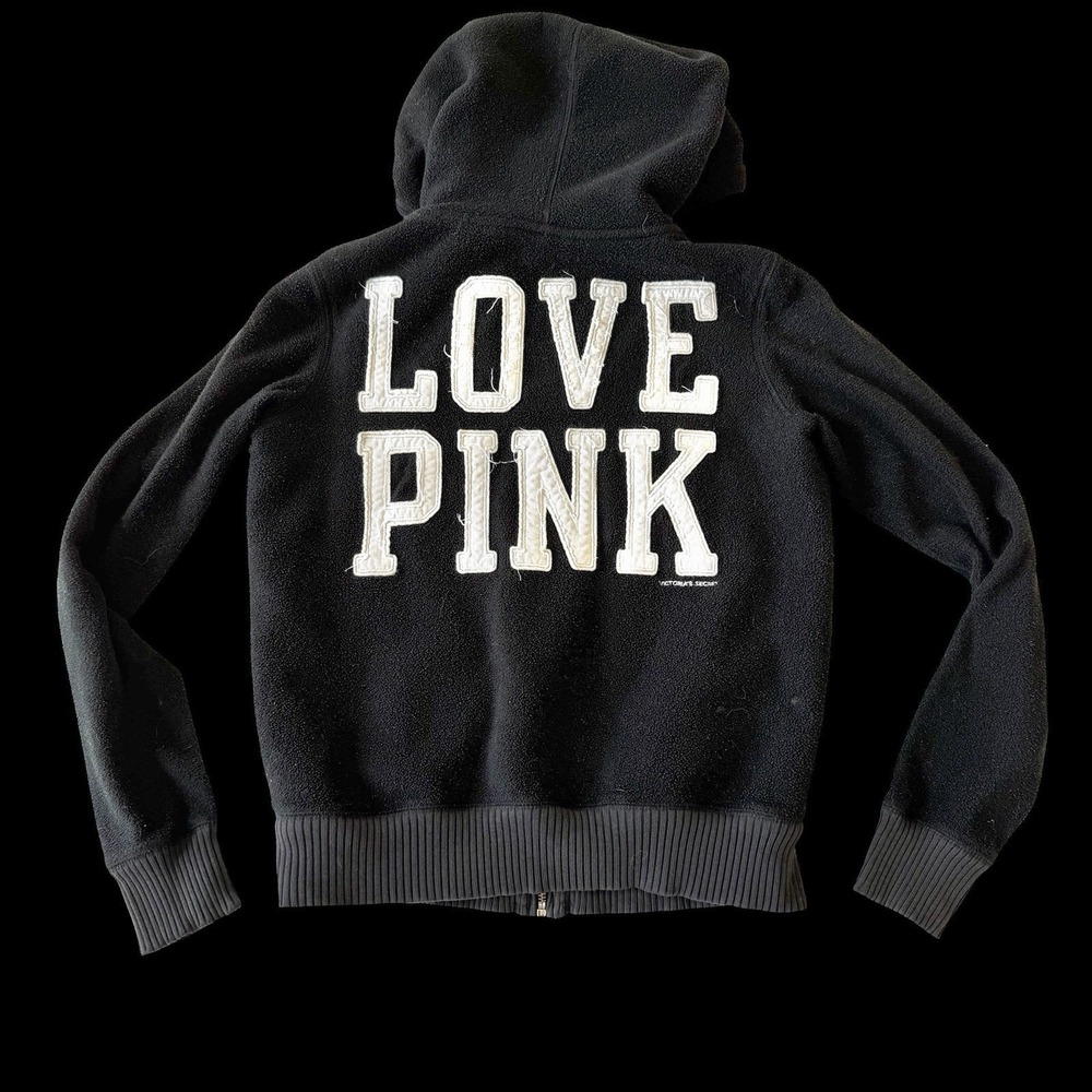 Vintage Y2K Victoria's Secret Love Pink Black Full-Zip Hoodie Dog Sweatshirt Sm